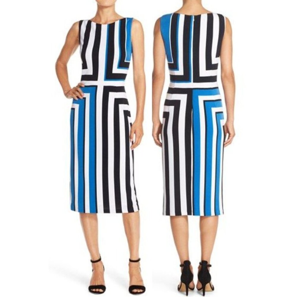 Maggy London Womens Stripe Printed Sleeveless Sheath Jersey Midi Dress Sz 10 NWT